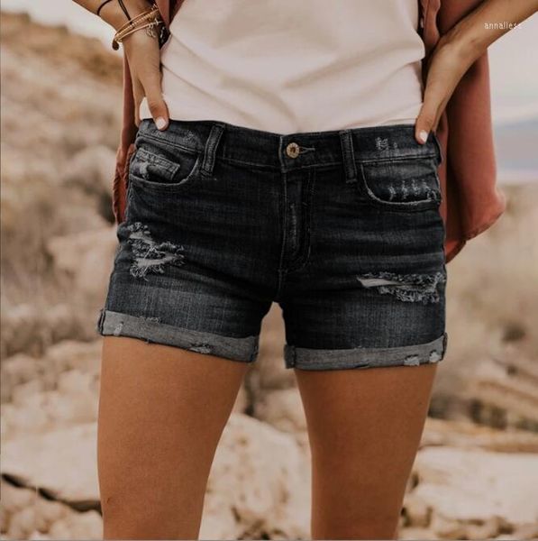 Jeans pour femmes 2023 tendance de la mode personnalisé trou cassé fait vieux polyvalent taille moyenne frisé femmes Denim Shorts