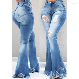 Jeans pour femmes 2023 Mode Vintage Femmes Slim Blanchi Lavé Bouton Déchiré Taille Haute Gland Denim Flare Pantalon Pantalon