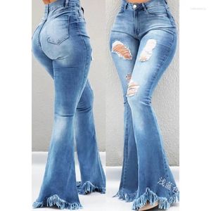 Jeans para mujer 2023 Moda Vintage Mujeres Slim Blanqueado Lavado Botón Rasgado Cintura Alta Borla Denim Flare Pantalones Pantalones