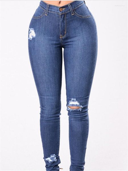 Jeans pour femmes 2023 mode femmes Stretch maigre déchiré trou Denim femme mince taille haute crayon pantalon élégant dame bouton bas