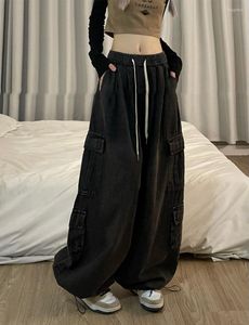 Vrouwen Jeans 2023 Meisje Vintage Big Pocket Oversized Baggy Cargo Femme Elastische Taille Rechte Wijde Pijpen Broek Denim Broek
