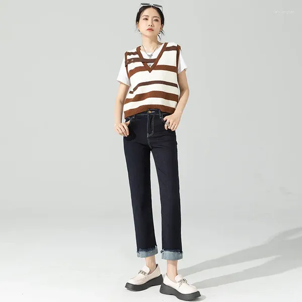 Jeans pour femmes 2023 haut de gamme couleur primaire bouclée jambe droite taille mince rétro stretch denim capris