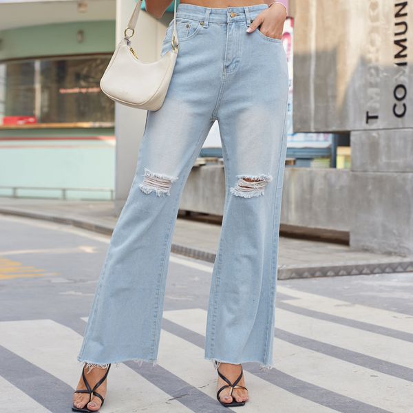 Jeans pour femmes 2023 taille haute micro évasé pour femmes bleu clair coupe ajustée pantalon long perforé montrer la hauteur et la finesse 230901