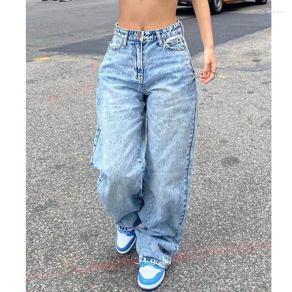 Jeans pour femmes 2023 taille haute femmes Baggy mode jambe droite pantalon Y2k Denim pantalon Vintage ample bleu lavé Mo