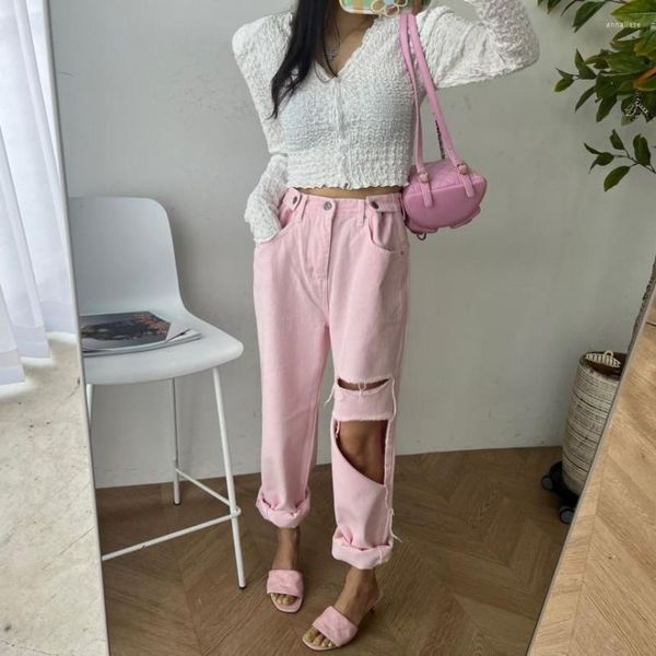 Jeans para mujer 2023 Corea Moda Mujeres Rosa Alta Cintura Agujero Diseño Suelto Casual Baggy Pantalones Verano Srteetwear Cargo