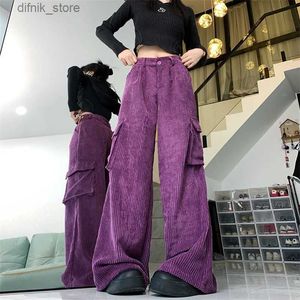 Jeans féminins 2023 coréen y2k mored de mode en velours côtelé violet pantalon cargo pour femmes vêtements haute taille large jambe droite.