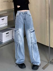 Damesjeans 2023 Koreaanse y2k modeband gewassen blauwe oude baggy lading jeans broek voor vrouwen gothic kleding recht losse dame denim broek y240408