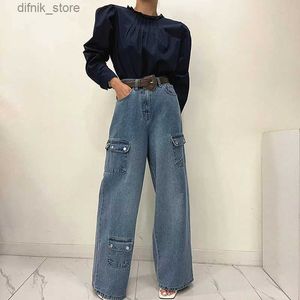 Jeans féminins 2023 coréen y2k mode lavé bleu baggy cargo jeans pantalon féminin vêtements multipres droites pantalon de denim de la jambe large y240408