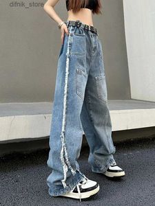 Damesjeans 2023 Koreaanse y2k multi -zakken gewassen blauwe baggy gestapelde vracht jeans broek voor vrouwen kleding oude dame denim broek Ropa mujer y240408