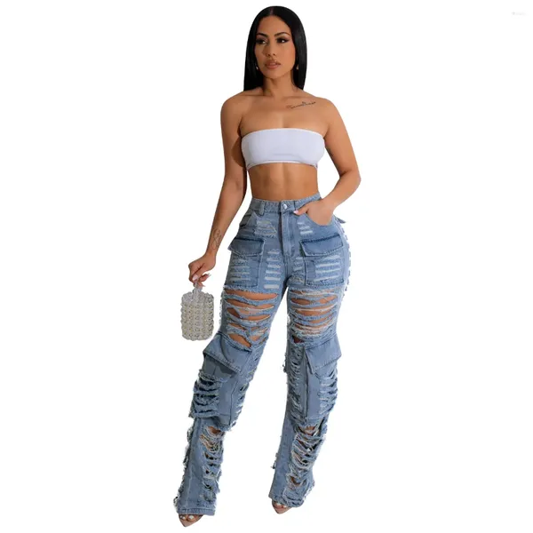 Jeans pour femmes 2023 Designer de luxe Solid Hollow Out Sexy Club Ouvert Sweet High Street Taille Femmes Long Lâche Pantalon à jambes larges