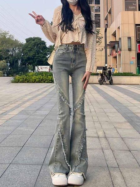 Jeans femme 2023 rétro été rue élégant jeune fille taille haute ample coupe régulière évasé Denim pantalon T157