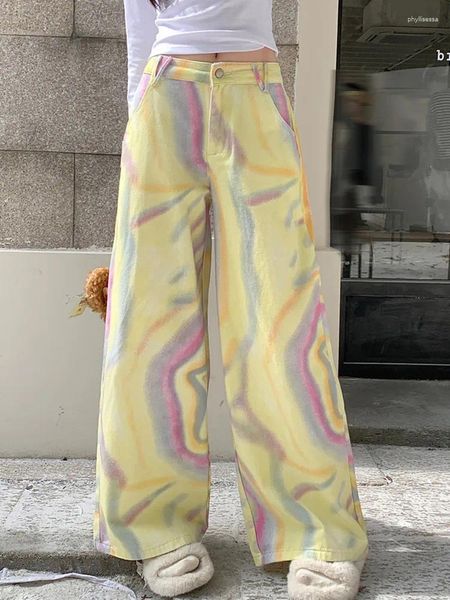 Jeans para mujer 2023 Ropa Y2K Moda Star Tie Dye Amarillo Pantalones de pierna ancha para mujeres Ropa Recta Baggy Coreano Casual Lady Pantalones largos