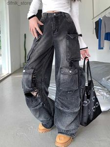 Jeans féminins 2023 Roupa Y2k Strtwear lavé noir Baggy Ripped Cargo Jeans Pantalon pour femmes vêtements de la jambe largement large Dame pantalon Y240408