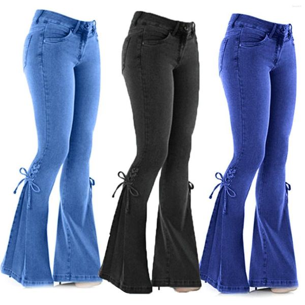 Jeans pour femmes 2023 Sexy Mid Taille Stretch Pantalon évasé Femmes Slim Fit Denim Large Jambe Casual Style Coréen Skinny Bell Bottom Pocket Tro