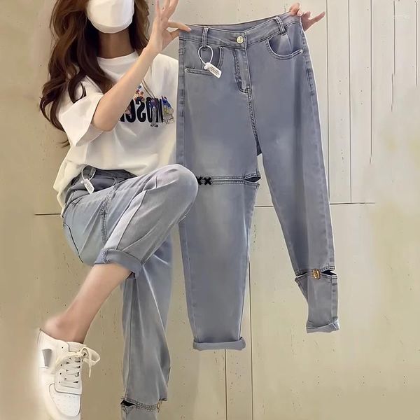 Jeans pour femmes 2023 usure légèrement joufflue avec surdimensionné en détresse recadrée Harlan papa pantalon taille haute été mince Style