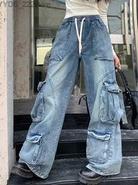 Damesjeans 2023 Spodnie Y2K Fashion Wash Blue Drstring Bagage Dames jeans recht wijd been losse dames broek YQ240423