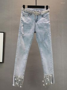 Damesjeans 2023 Spring steegje franjes potloodbroek stretch slanke hoge taille licht blauw gescheurde vrouwen denim vrouwelijke broeken