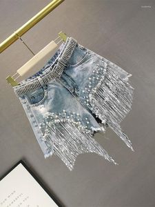 Damesjeans 2023 Lente Zomer Denim Shorts voor dames Europese hoge taille Slanke onderkant Gescheurde kralen Omzoomde wijde pijpen Korte broek