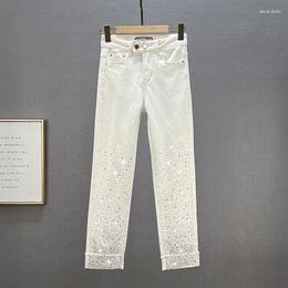 Jeans femme 2023 printemps été blanc pour femmes coupe droite taille haute coupe ajustée strass cheville longueur maigre Stretch Denim pantalon