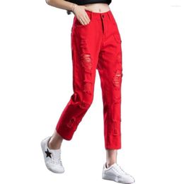 Jeans pour femmes 2023 printemps été femme taille haute Balck rouge mode déchiré trou gland sarouel femmes cheville longueur Denim pantalon