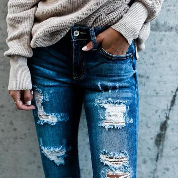Jeans pour femmes 2023 Street Fashion European And American White Worn Hole Slim Cotton Skinny