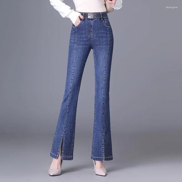 Jeans pour femmes 2023 Streetwear mode femmes Flare fendu taille haute bande élastique Denim printemps été pantalon complet mince décontracté Str