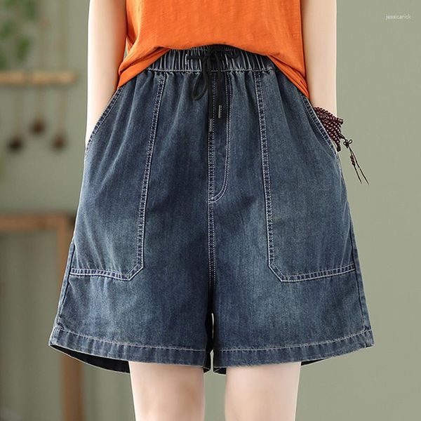 Jeans pour femmes 2023 Summer Arts Style Femmes Taille élastique Lâche Coton Denim Shorts Tout assorti Casual Vintage Bleu V973