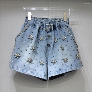 Jeans pour femmes 2023 été exquis strass étoile perlée taille haute ample jambe large Denim Shorts décontracté court Sexy filles pantalon