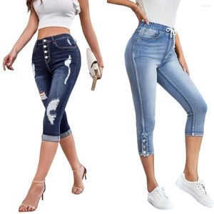 Jeans pour femmes 2023 été haute élasticité déchiré mollet longueur mode maigre Denim crayon pantalon taille élastique à lacets