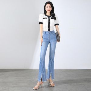 Jeans femme 2023 été taille haute minceur Micro-Flare haut de gamme fente perlée mince pantalon décontracté