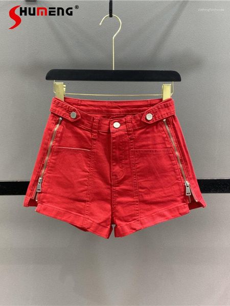 Pantalones vaqueros de mujer 2023 verano señoras rojo cremallera Split Denim Shorts Casual cintura alta A-Line lavado pantalones de pierna ancha adelgazamiento