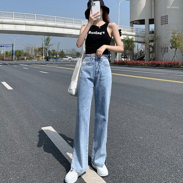 Jeans femme 2023 été fourche latérale taille haute spectacle minceur droite cylindre large jambe pantalon Micro corne