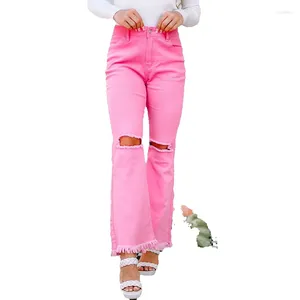 Jeans pour femmes 2023 Été Couleur unie Taille haute Micro Ragged pour Casual Pantalon à bord perforé Femmes