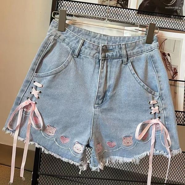 Jeans pour femmes 2023 Summer Sweet Embroid Femmes Denim Pantalon Tendance Y2K Baggy Court Bow Tie Harajuku Lâche Chic Casual Short à jambes larges