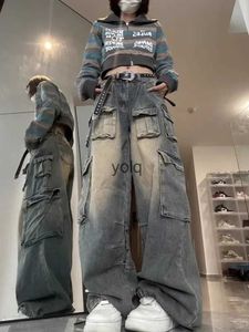 Jeans pour femmes 2023 été jambe large niche tendance lavable jean taille haute design multi-poches pantalon cargo de rue femme y2k baggyyolq