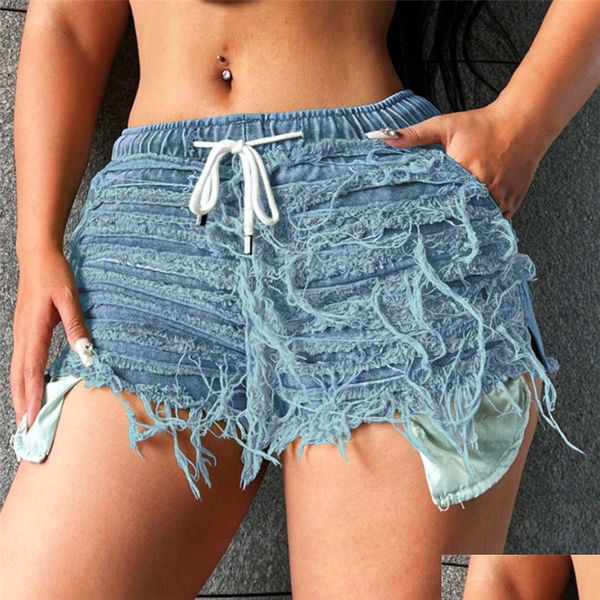 Jeans para mujer 2023 Verano para mujer Borde Fringe Sexy Envuelto Hip Cintura Fit Denim Shorts Robin Jean Drop Entrega Ropa Ropa DHK6K