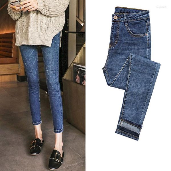 Jeans femme 2023 Vintage bleu pantalon femmes mince mode taille haute pieds serré adolescent élasticité décontracté classique crayon pantalon A273