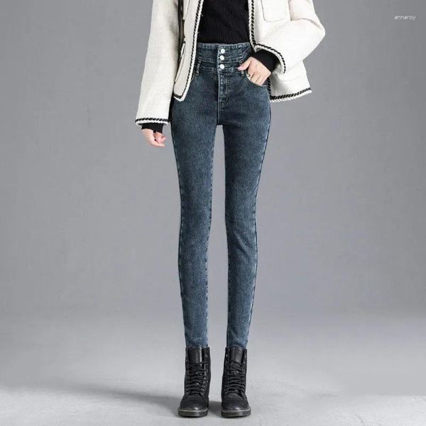 Jeans para mujer 2023 Invierno Terciopelo grueso Mujeres Cintura alta Flaco Simple Fleece Cálido Slim Fit Stretch Ladies Casual Denim Lápiz Pantalones