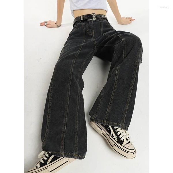 Jeans pour femmes 2023 hiver vintage bleu marine taille haute femmes mode américaine streetwear jambe large jean femme pantalon droit denim pan
