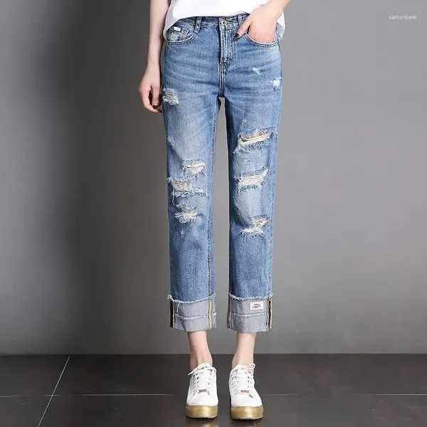 Jeans pour femmes 2023 Femme Denim Pantalon déchiré Femme Pantalon ample Corée Jambe large Trou droit cassé Boyfriend Streetwear