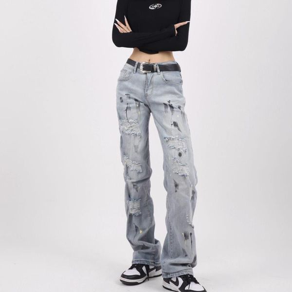 Jeans pour femmes 2023 Femme Rétro Hip Hop Street Hole Loose Wide Leg Design avec droit