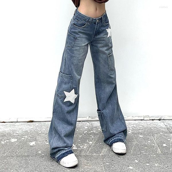Jeans pour femmes 2023 femmes décontracté droite mode étoiles modèles dame taille haute jambe pantalon avec poches Denim pantalon