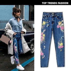 Damesjeans 2023 vrouwen chique bloemen geborduurde hoge taille jeans rechte volledige broek mode strtwear Koreaanse stijl katoenen denim broek t240523