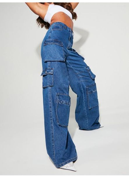 Jeans pour femmes 2023 femmes taille haute Baggy poche à rabat coupe décontractée droite jambe large Y2K pantalon mode Cargo décontracté mince