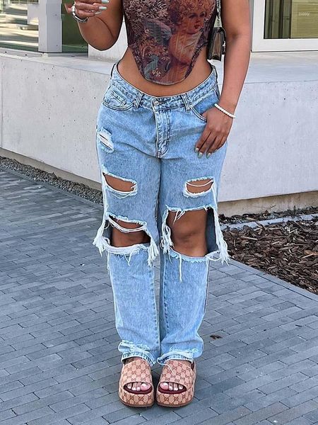 Jeans pour femmes 2023 Femmes Taille haute Ripped Baggy Droite Large Jambe Casual Comfy Esthétique Trou cassé Denim Pantalon Femme Vêtements