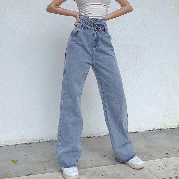 Jeans pour femmes 2023 Femmes Sexy Creux High Taille Casual Large Jambe Ceinture Lâche Harajuku Droite Couleur Solide Long Denim Pantalon Streetwear