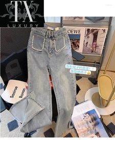 Jeans pour femmes 2023 femmes été taille poches perlées haute Stretch décontracté Denim pantalon mode Y2k Sexy fente Flare pantalon Mujer