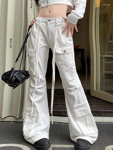 Jeans para mujer 2023 Y2K Moda Multi Bolsillos Blanco Baggy Flare Cargo Pantalones para mujeres Ropa coreana Casual Lady Pantalones largos Pantalons