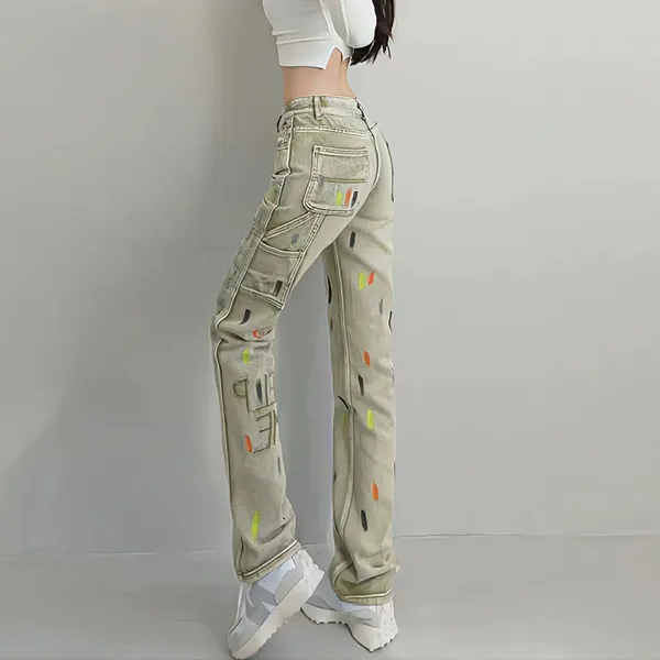 Jeans pour femmes 2023 Y2K Girl Brodé Splash-Ink Mode Streetwear américain Lâche Droite Pantalon Rétro Funny Ins