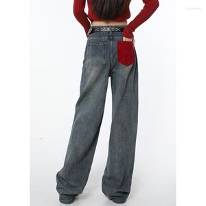 Dames Jeans 2023Casual Slim-fit Broek Vrouwen Blauw Kleur Contrast Vintage Amerikaanse Mode Streetwear Wijde Pijpen Jean Vrouwelijke Baggy Trous